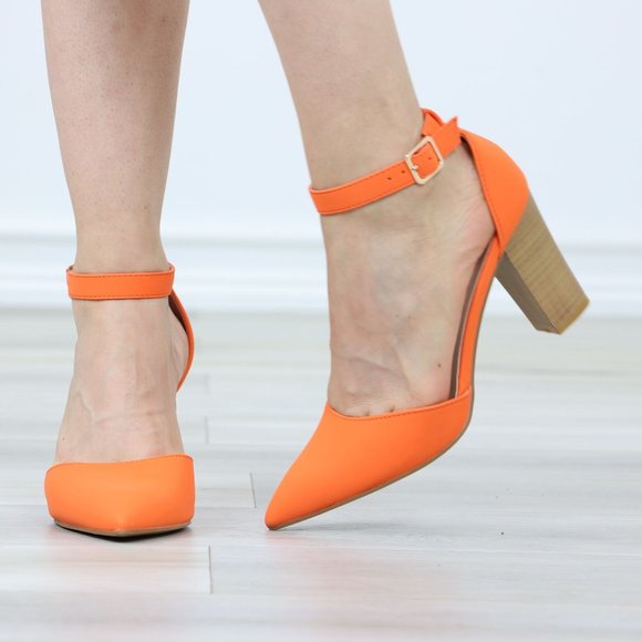 Pointed Toe Block Heel High Heel Stiletto Shoes Orange Nubuck - Picture 10 of 13